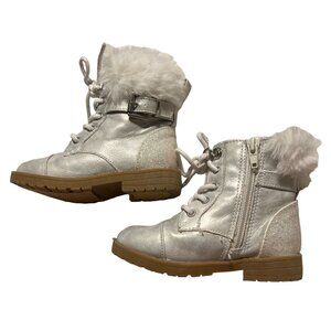 Sugar Gelato Boots Girls Size 8 M Silver Metallic Glitter White Faux Fur Lace-up